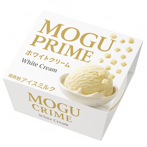 MOW PRIME 白いクッキー＆クリームのパッケージ。白と金を基調にした上品なデザインで、ミルクアイスの上に白いバタークッキーがトッピングされた冬限定アイス。