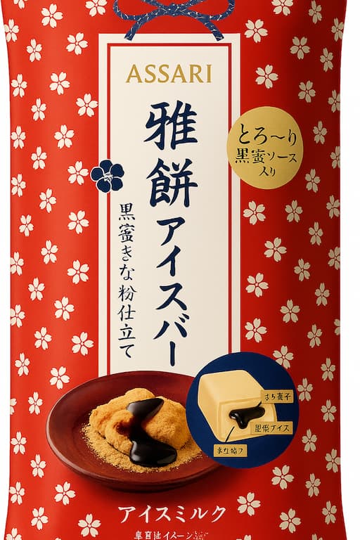 赤城乳業と桔梗屋がコラボした「桔梗信玄餅アイスバー」のパッケージ画像。きな粉色を基調に、黒蜜やもちを表現した和風デザイン。山梨銘菓「桔梗信玄餅」の味わいをそのまま再現した、全国発売の和スイーツアイス。桔梗信玄餅ファン必見の限定コラボアイス。