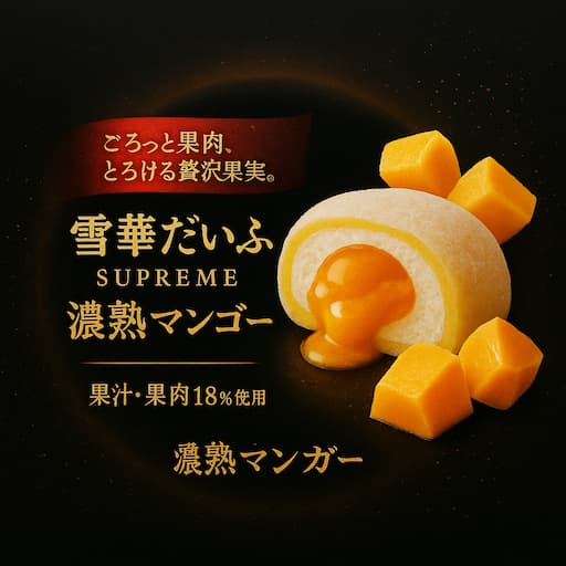 ロッテ「雪見だいふくPREMIUM ‐濃熟‐マンゴー」のパッケージ画像。橙色のおもちで包まれた濃厚マンゴーアイスが特徴のプレミアムスイーツ。