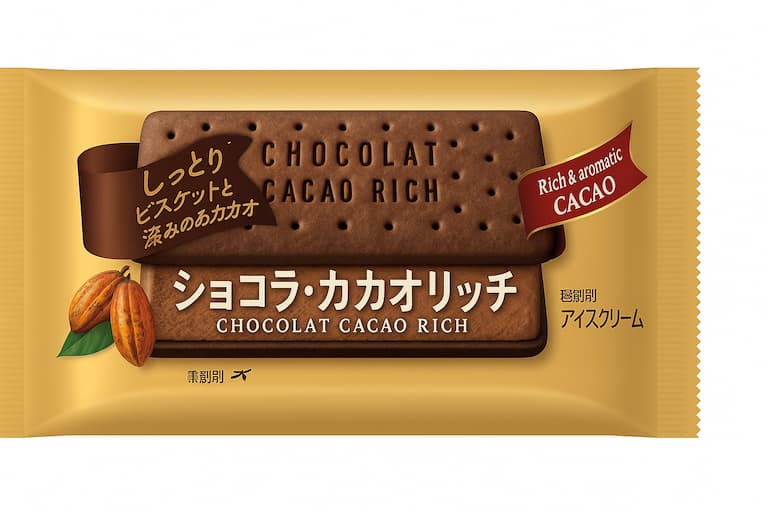 森永製菓「ビスケットサンド＜エクアドルカカオ＞」パッケージ画像。ココアビスケットでチョコアイスをサンドした、冬限定のリッチなアイスサンド。