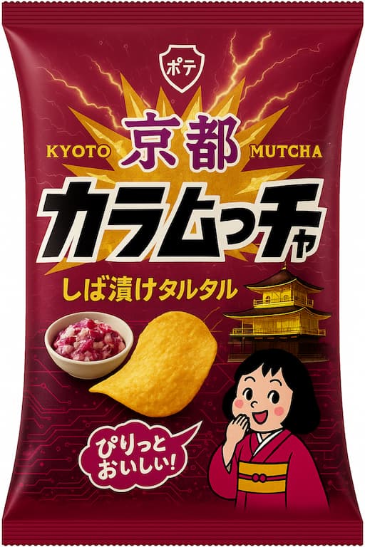 高校生が考案した新商品「京都カラムーチョ しば漬けタルタル」パッケージ画像。京都すばる高校と湖池屋のコラボによる京都限定テイストのスナック菓子。