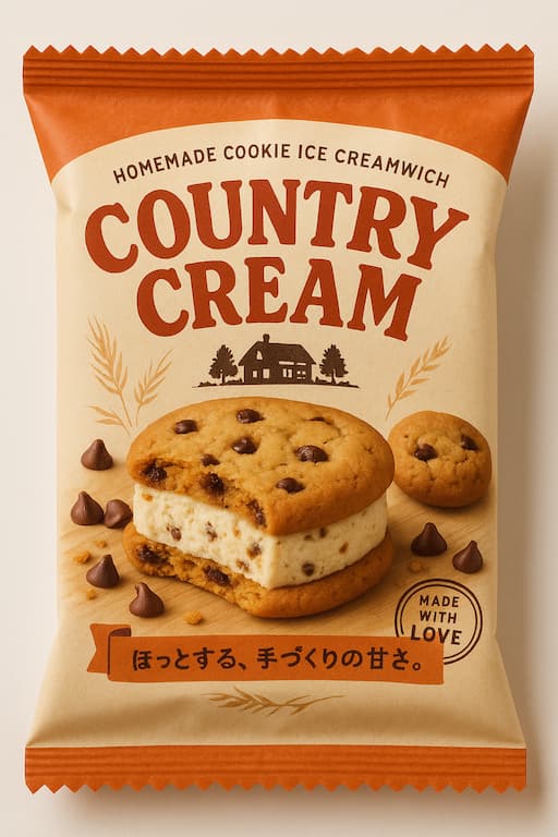 セブンイレブン限定「カントリーマアム アイスサンド」パッケージ画像。不二家のクッキーでバニラアイスをサンドした新作アイス。