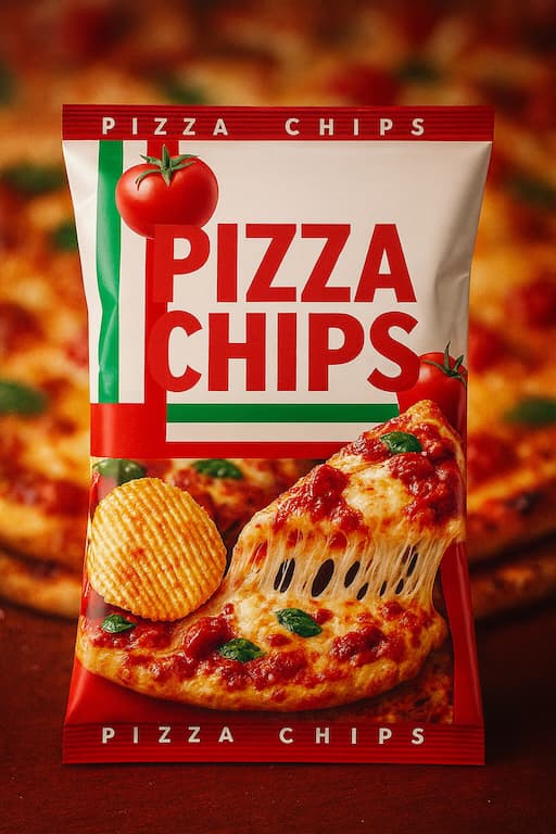 ピザーラとコラボしたカルビー「ピザポテト マルゲリータ味」のAI生成イメージ。トマトとバジル、モッツァレラチーズを表現した期間限定フレーバー。