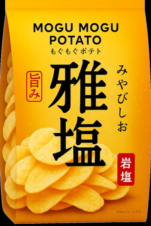湖池屋プライドポテト 今金男しゃく 岩塩のパッケージ写真。金色の袋に「今金男しゃく」の文字とポテトチップスの写真が描かれた限定デザイン。