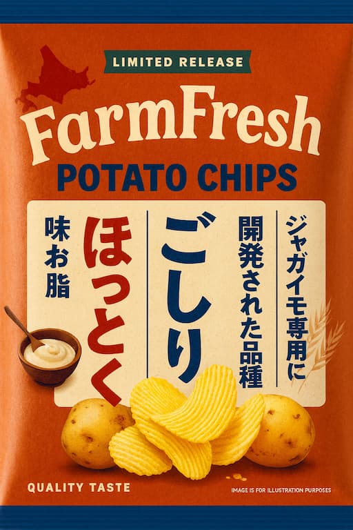 カルビー×セブンイレブン限定『ぽろしりポテトチップス』のパッケージ画像。10年かけて開発したジャガイモ品種「ぽろしり」を使用した旨味しお味と芳醇バター味。