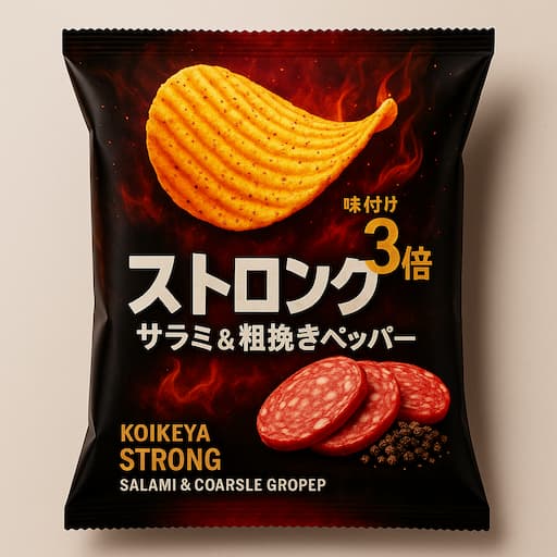 湖池屋ストロング サラミ＆粗挽きペッパーのパッケージ画像。赤のメタリックな背景に、サラミの盛り合わせとポテトチップスが描かれている。肉の旨みと粗挽き黒胡椒の刺激を表現した、期間限定の濃厚スナック。