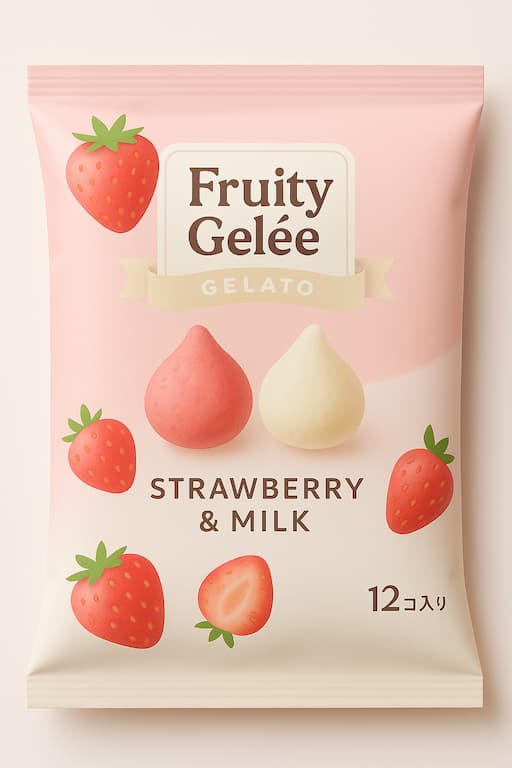 「苺ジェラートとミルクジェラートをイメージしたオリジナルパッケージデザイン。苺とミルクの2フレーバーを表現したスイーツ風の袋型パッケージ。」