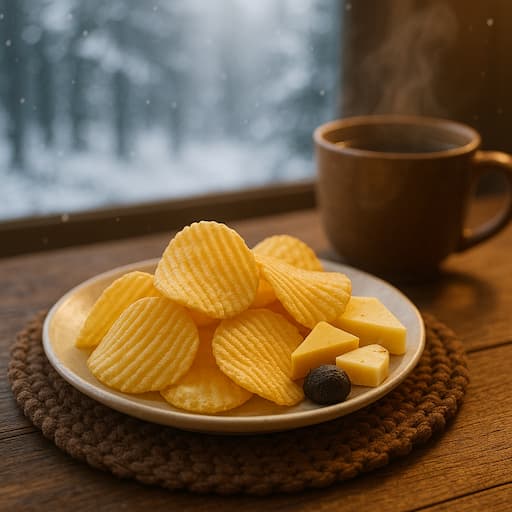 カルビー「冬ポテト ３種のチーズとトリュフ味」のパッケージ画像。カマンベール、チェダー、ゴーダの3種チーズにトリュフの香りを加えた冬限定ポテトチップス。