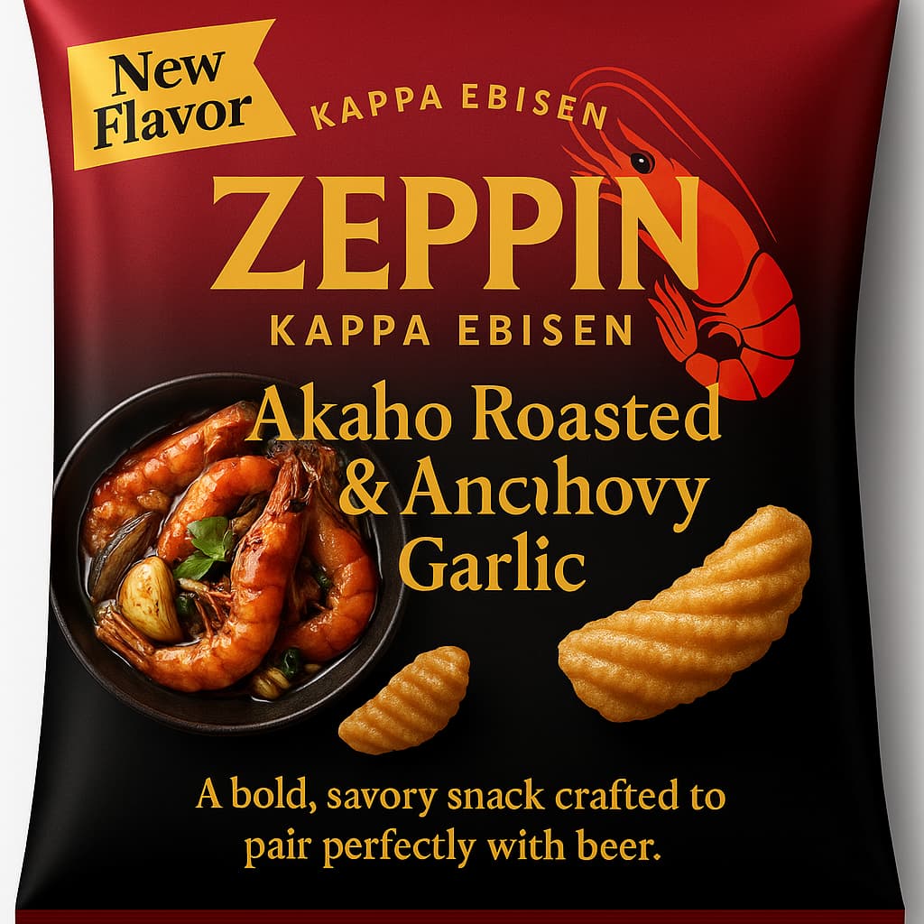 「赤穂焼塩×アンチョビガーリック味をイメージした、濃厚系えびスナックのオリジナルパッケージデザイン。深い赤色とえびのイラストが特徴の限定風アイテム。」