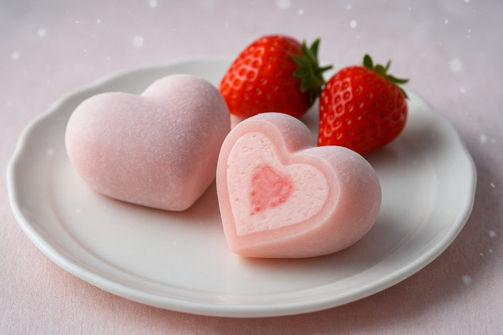 白いお皿に並んだハート型のいちご雪見だいふく。1つは断面が見えるようにカットされ、周りにはいちごが添えられている。