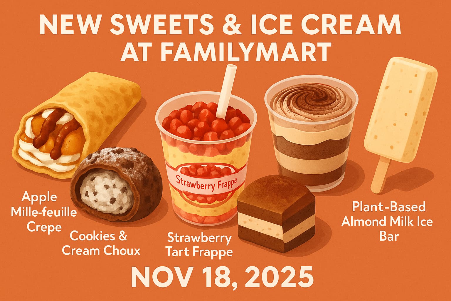 「ファミリーマートの新作スイーツ＆アイス5品（焼きりんごミルフィーユクレープ、クッキー＆クリームシュー、植物生まれのチョコケーキ、ストロベリータルトフラッペ、植物生まれのアーモンドミルクバー）のアイキャッチ画像」