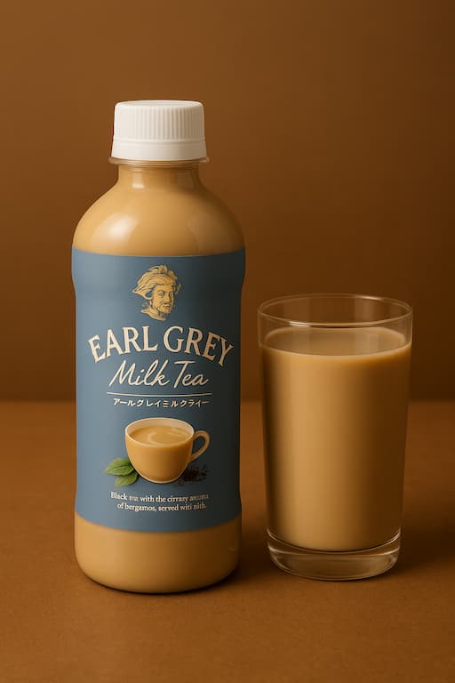 淡いブルーのボトルとグラスに注がれたアールグレイミルクティーの写真。柑橘の香りをイメージしたカットレモンが添えられた冬季限定ドリンク風のイメージ画像。