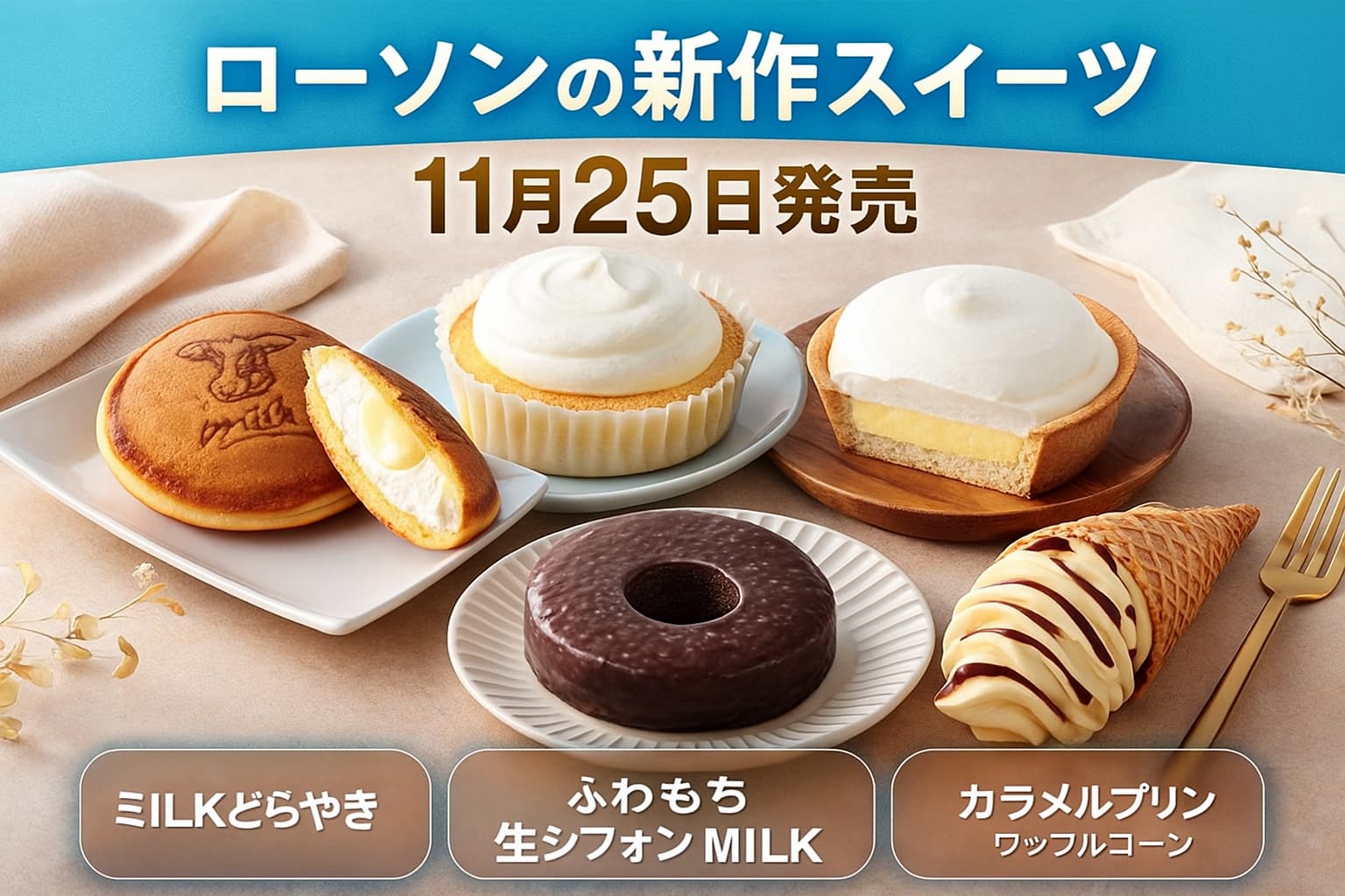 「ローソン11月25日発売の新作スイーツ＆アイス5品（MILKどらもっち、生シフォン、白いクリームタルト、チョコがけバウム、プリンワッフルコーン）が並ぶプロモーション用画像」