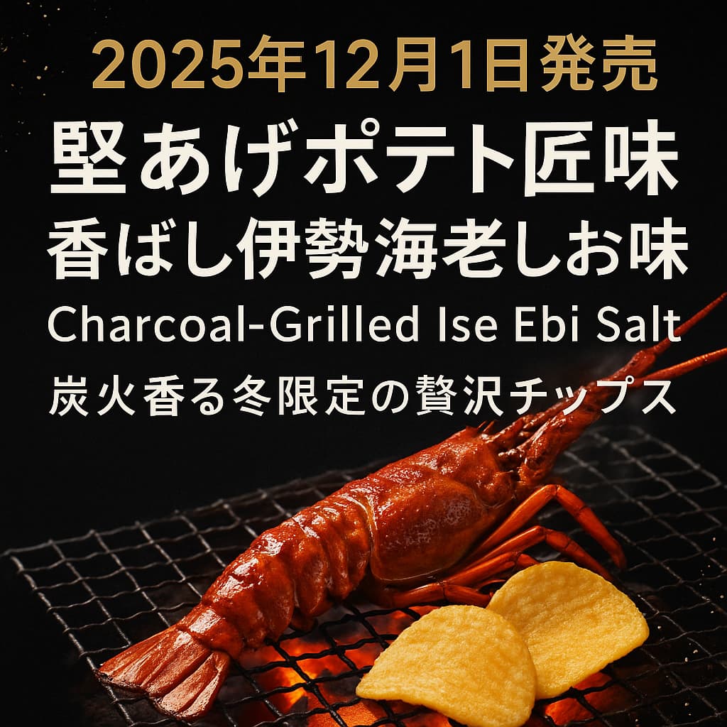2025年12月1日発売の堅あげポテト匠味『香ばし伊勢海老しお味』を紹介するアイキャッチ画像。黒背景に炭火で焼かれた伊勢海老とチップスが並び、商品名と発売日を大きく表示したデザイン。