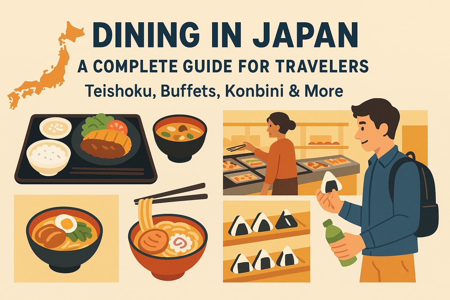 A colorful illustration of a traveler choosing meals from Japanese food icons such as teishoku, ramen, buffets, konbini foods, and café dishes, representing a complete dining guide for visitors to Japan.