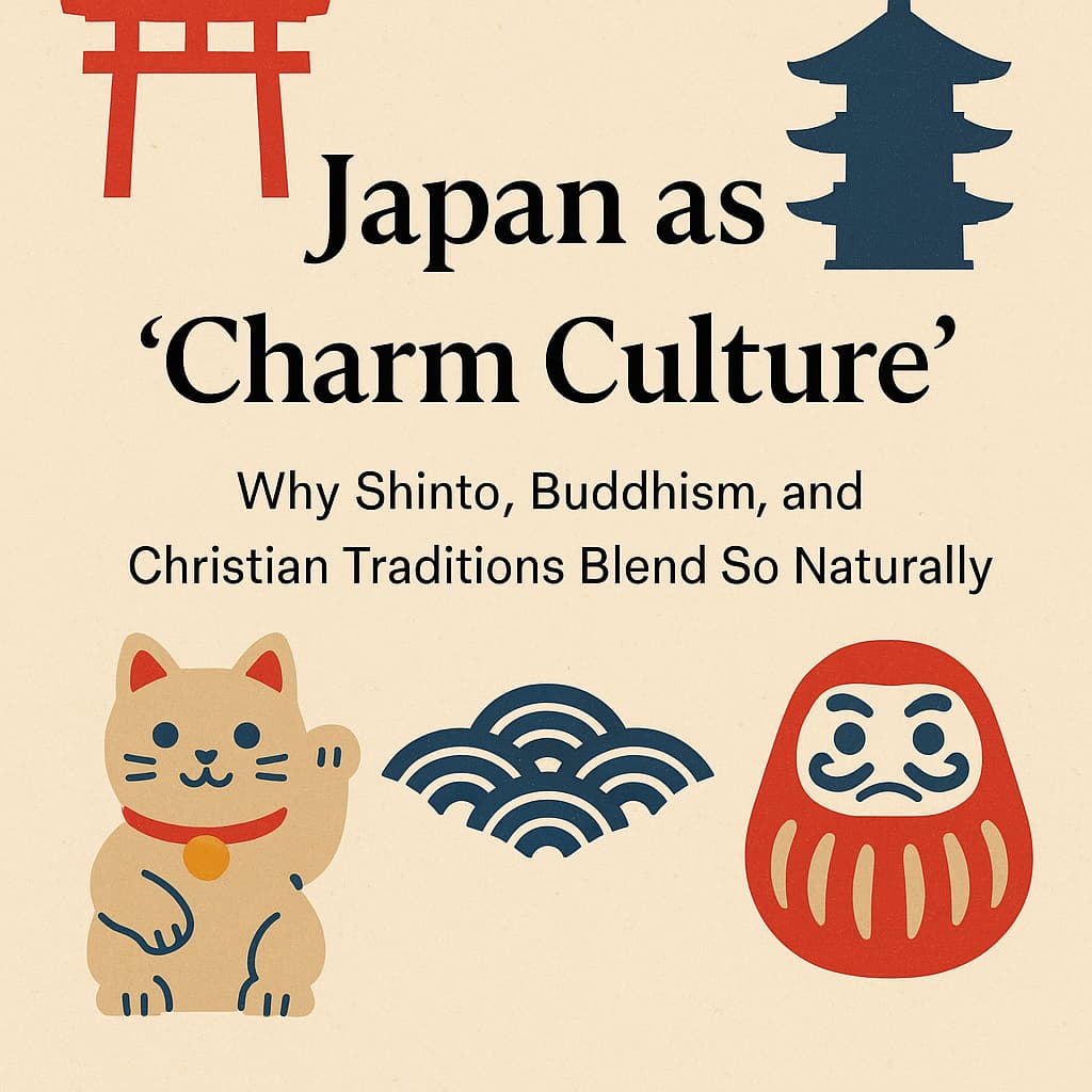 鳥居・五重塔・招き猫・だるまなど日本文化の象徴を並べた、“Charm Culture（おまじない文化）”をテーマにしたアイキャッチ画像