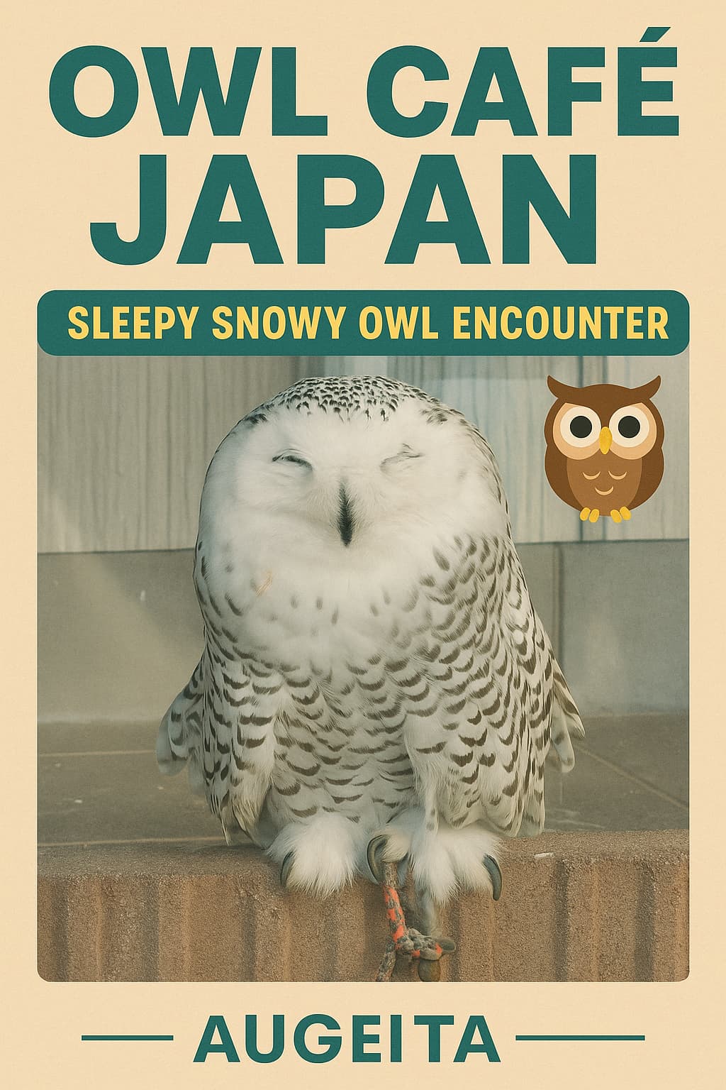 A snowy owl photographed through glass, looking sleepy with its eyes half-closed. Its fluffy white feathers and black markings are clearly visible.
