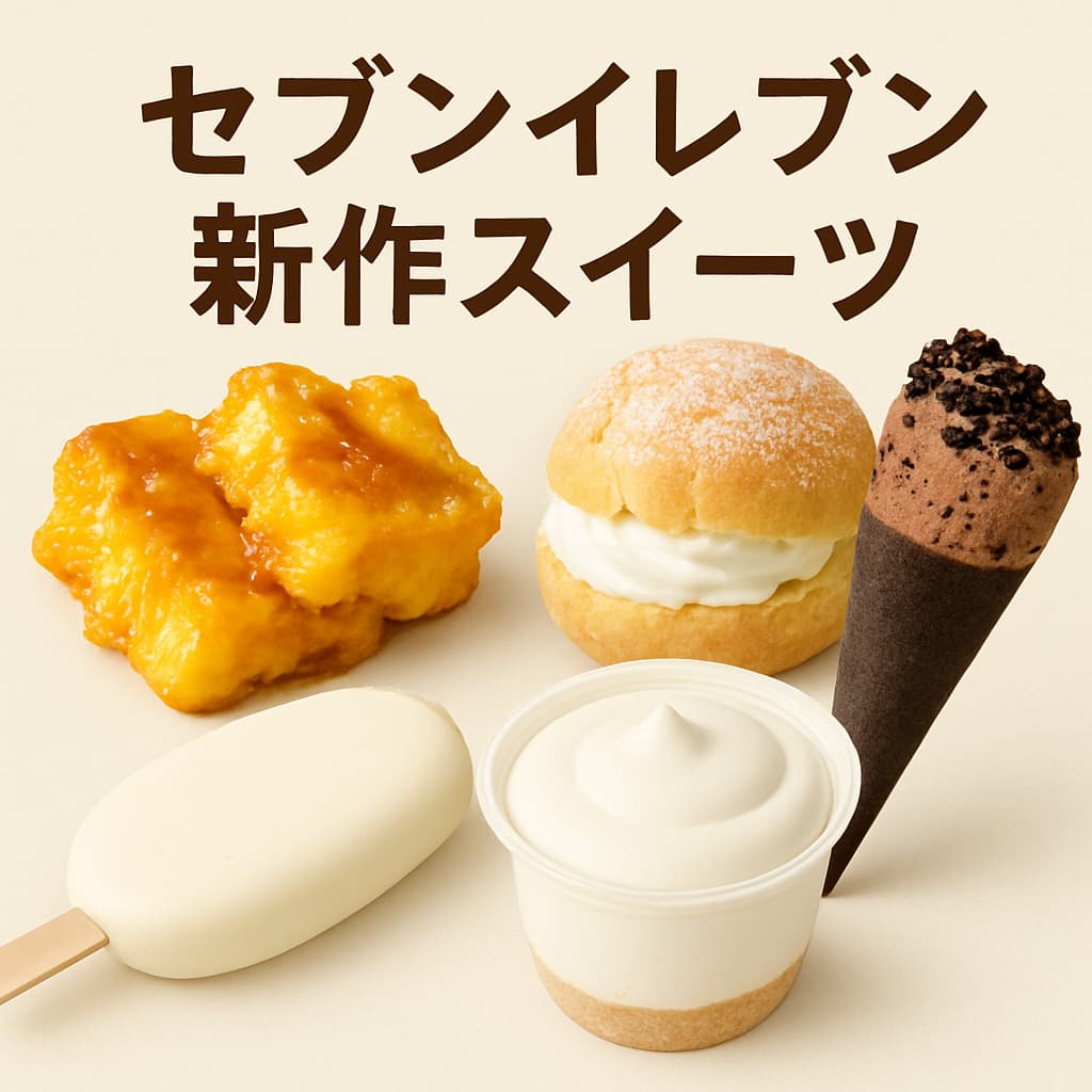 セブンイレブン新作スイーツ5種のオリジナル画像。フレンチトースト、ヨーグルトシュー、チョコクレープ、ブルガリアヨーグルトアイス、しろもこパフェが白背景に並んでいる。