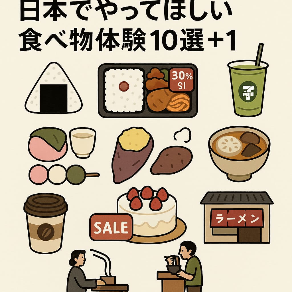 日本で体験できる食べ物をイメージしたイラスト(おにぎり・割引弁当・スムージー・和菓子・焼き芋・おでん・コーヒー・ケーキ・ラーメン・個人店)。海外旅行者向け食べ物ガイドのアイキャッチ画像。