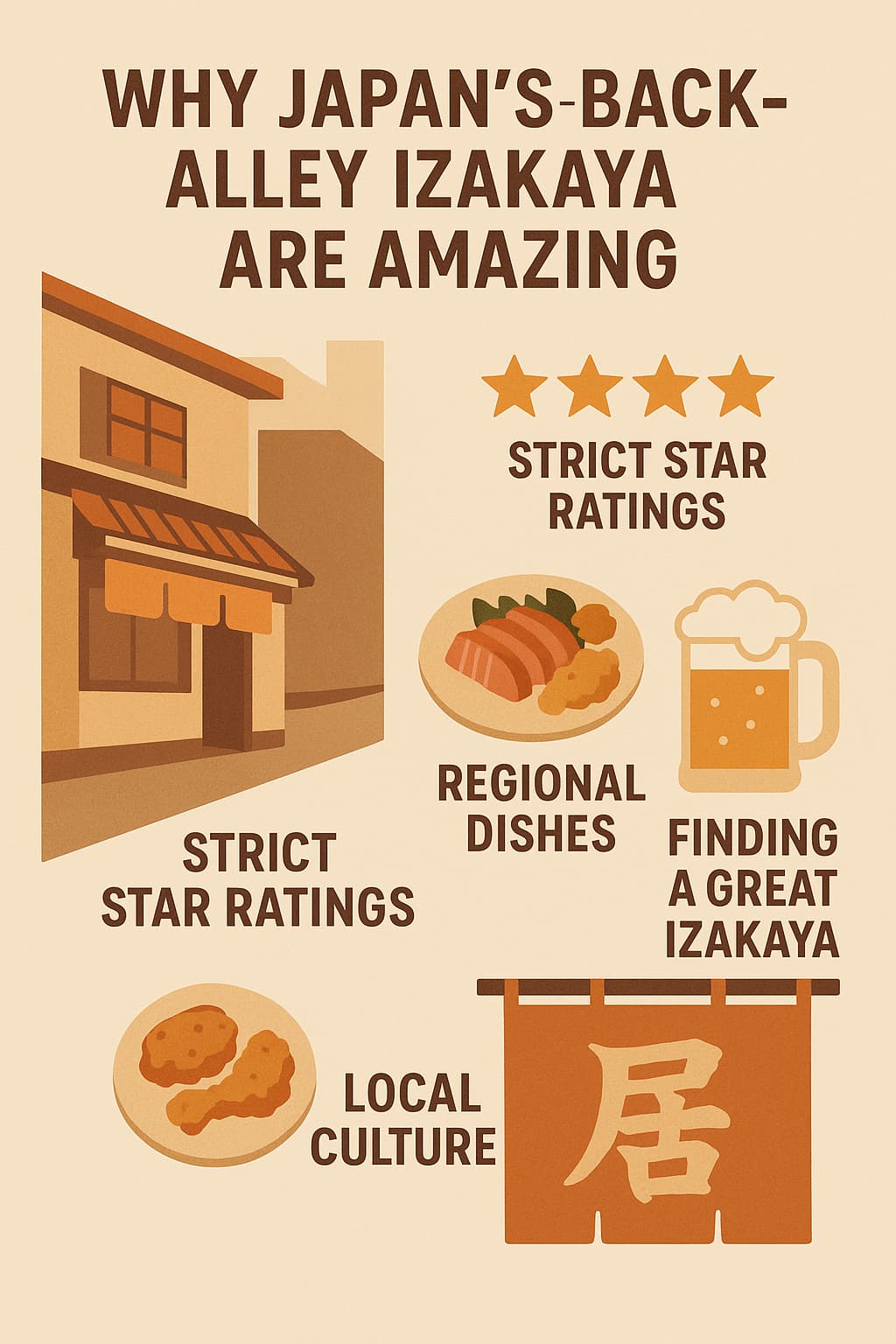 A flat-style infographic explaining Japan’s izakaya culture, featuring back-alley restaurants, star ratings, regional dishes, and izakaya icons such as beer, yakitori, and noren curtains in warm orange and beige colors.