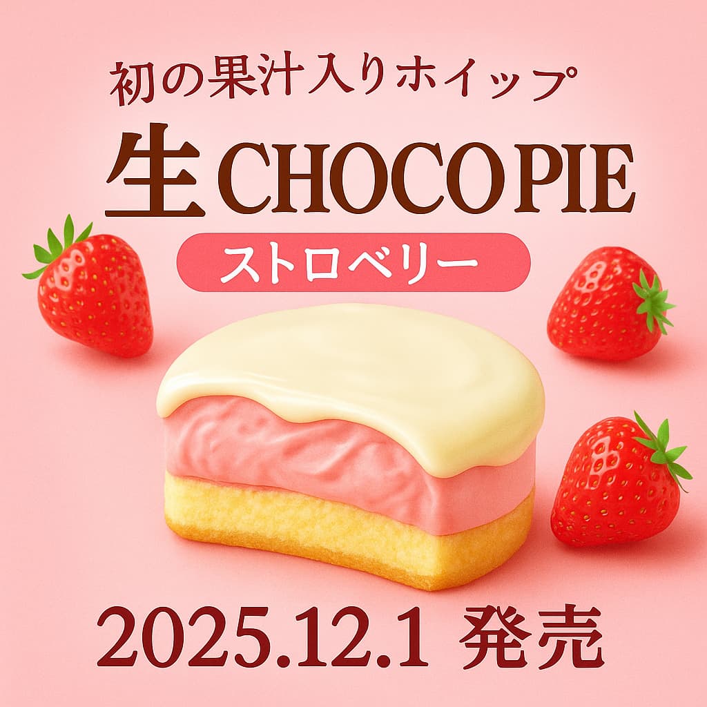 生チョコパイ＜ストロベリー＞の断面とホワイトチョコがとろりとかかったチルドデザートのアイキャッチ画像。苺の果汁入りホイップとピンク×白のかわいいビジュアルを表現