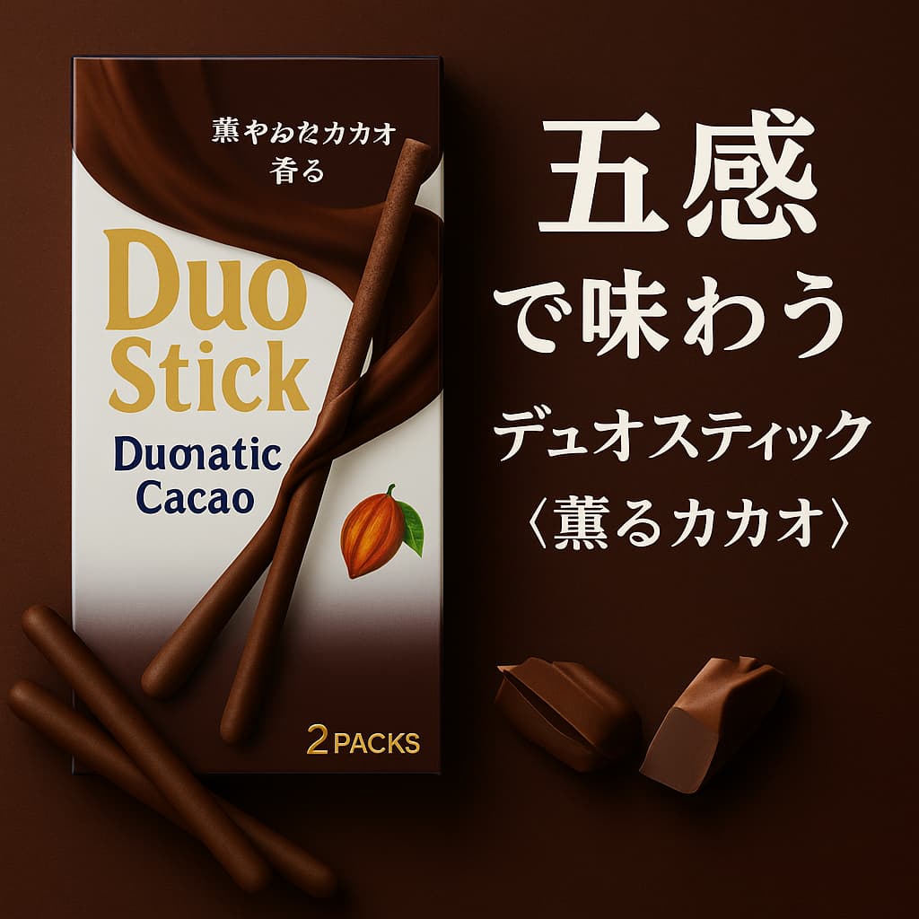 「デュオスティック＜薫るカカオ＞のアイキャッチ画像。2層チョコレートとムースチョコを組み合わせた大人向けスティック菓子をイメージしたデザイン。」