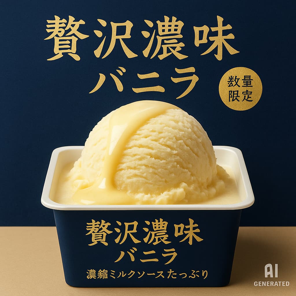 「爽 贅沢濃味バニラ」のイメージ画像。金色の文字で商品名が入ったパッケージ風デザイン。濃厚ミルクソースをかけたバニラアイスが中央にあり、深い紺色の背景に高級感のある雰囲気で撮影されている。