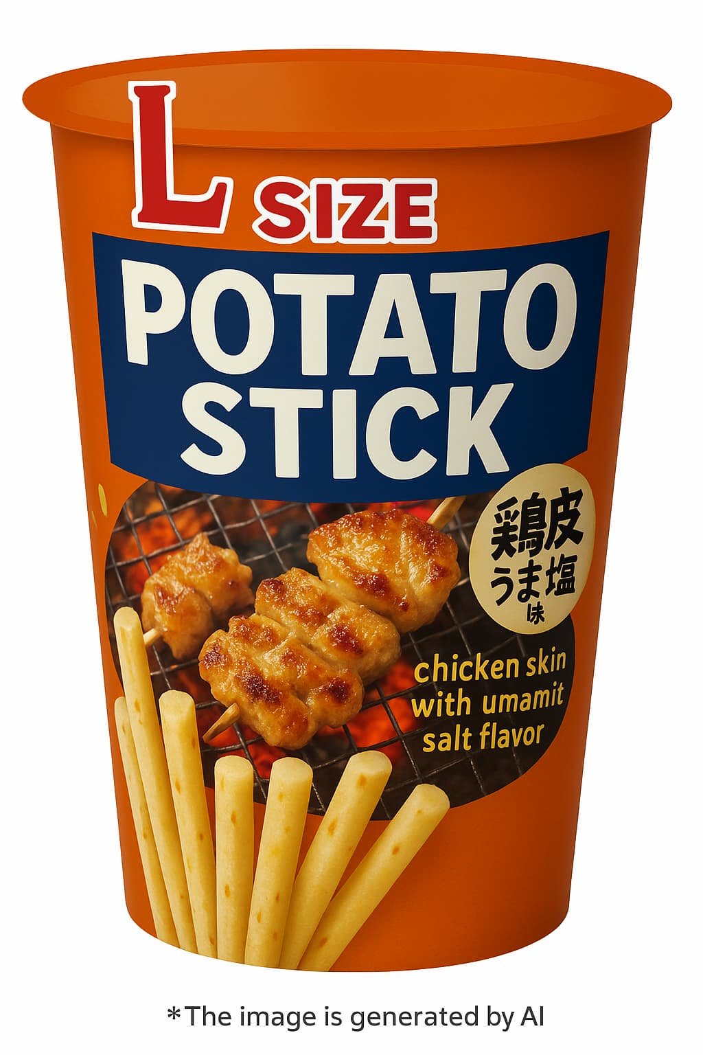 じゃがりこ 鶏皮うま塩味Lサイズのパッケージ画像。網焼きの鶏皮が大きく描かれ、焼き鳥屋風のデザインで香ばしい鶏皮のうま味をイメージした期間限定フレーバー。