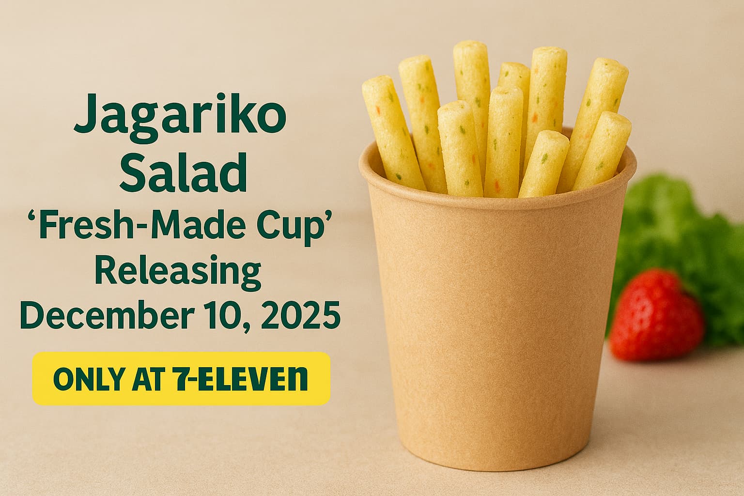 紙カップに入ったじゃがりこ風スティックが並び、背景にレタスといちごが添えられたアイキャッチ画像。「2025年12月10日発売」「セブン限定」の文字が左側に配置されている。