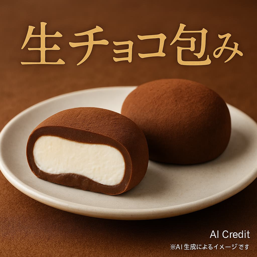 白いお皿の上に、生チョコ包みアイスが2つ並んでいる。1つは断面が見え、中の白いバニラアイスがとろけるように見える。背景は赤みのあるブラウンで、右下に「AI Credit」と「※AI生成によるイメージです」と表記されている。上品であたたかみのある雰囲気。
