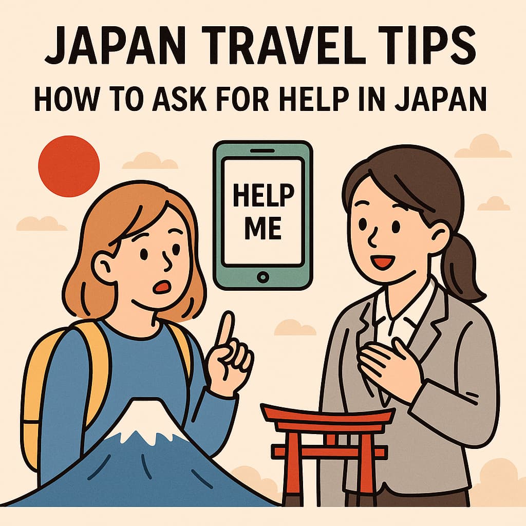 A traveler showing her phone with “HELP ME” to a Japanese local; an illustration explaining how to ask for help in Japan.