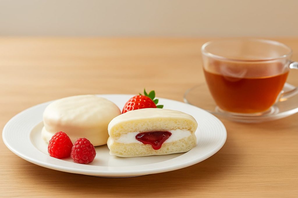 白いチョコパイプレミアム＜ご褒美ミルク＞の断面写真。ホワイトチョコでコーティングされた柔らかいケーキ生地の中に、北海道ミルククリームとベリーソースがとろりと入った新作チョコパイ。