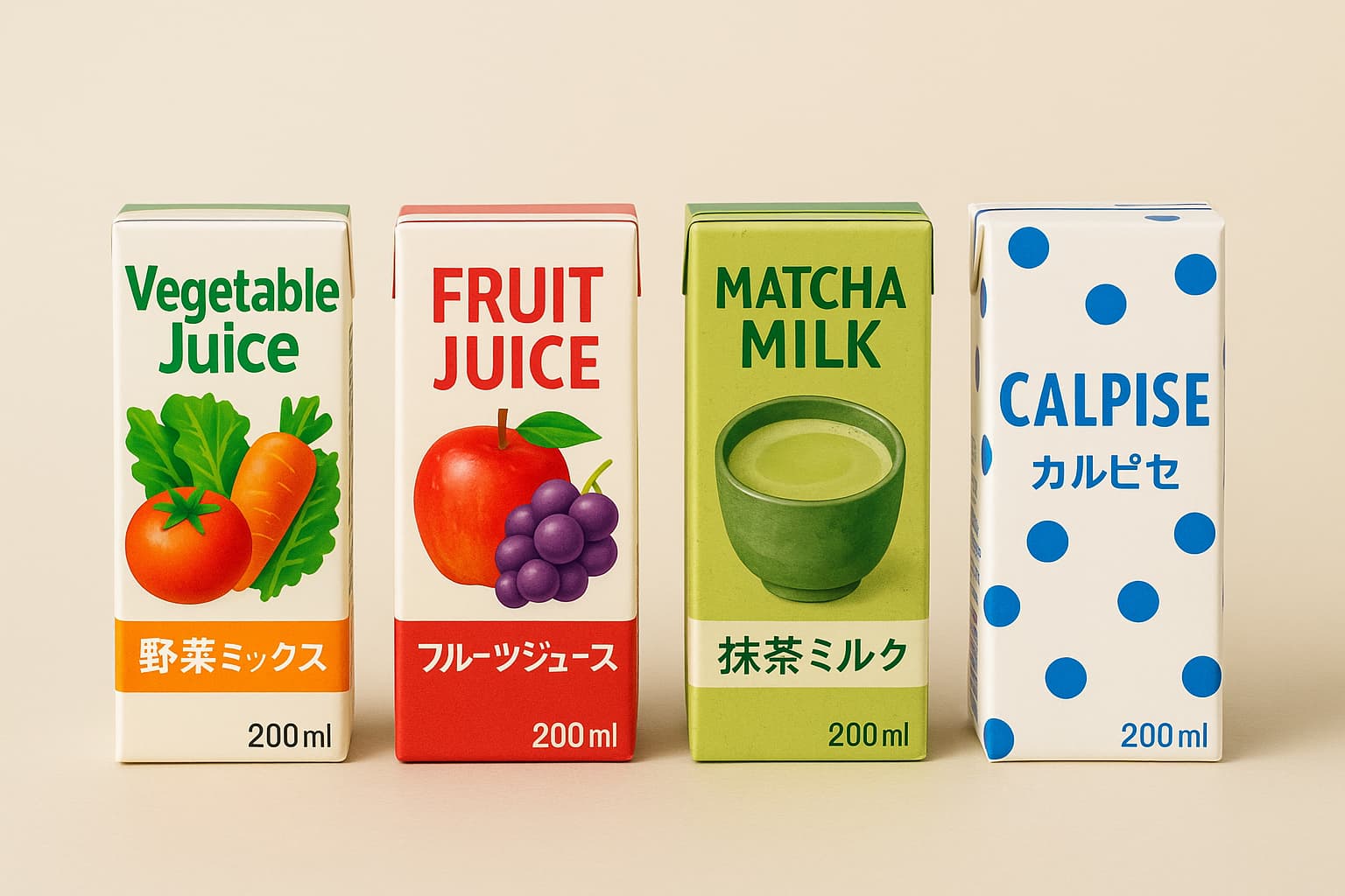 日本の小型紙パック飲料4種類。野菜ジュース、フルーツジュース、抹茶ミルク、乳酸菌風ドリンクが並んでいる様子。