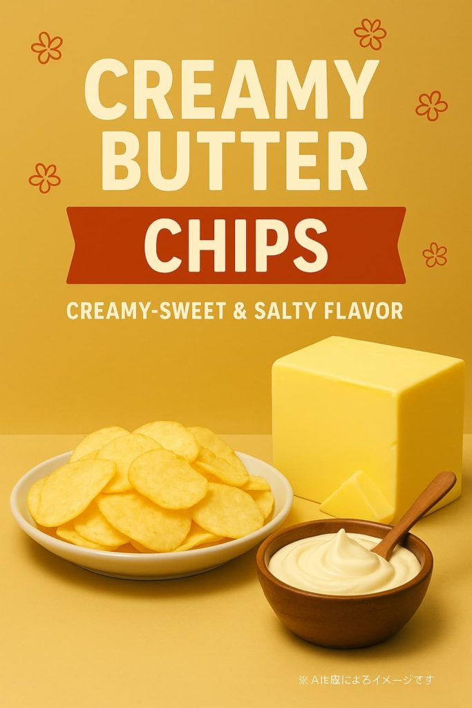 白い皿の上にポテトチップスが広がり、横には大きなバターとクリーミーなディップが置かれた写真風イメージ。黄色背景に「Creamy Butter」「New Flavor 2025」と書かれたオリジナルのアイキャッチ画像。