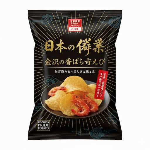 湖池屋プライドポテト「日本の神業 金沢の甘えび」のパッケージ画像。金沢をイメージした金色と黒のデザインに甘えびのイラストが描かれた限定フレーバー。