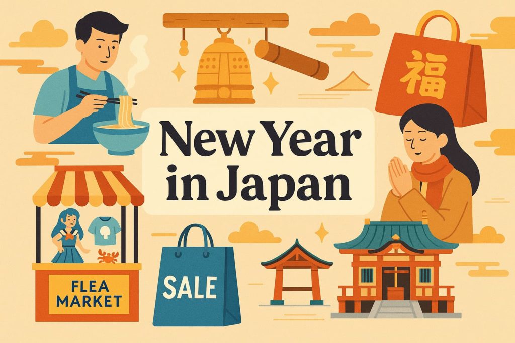 Illustration of Japanese New Year traditions such as toshikoshi soba, temple bells, Hatsumode, flea markets, and New Year sales.
