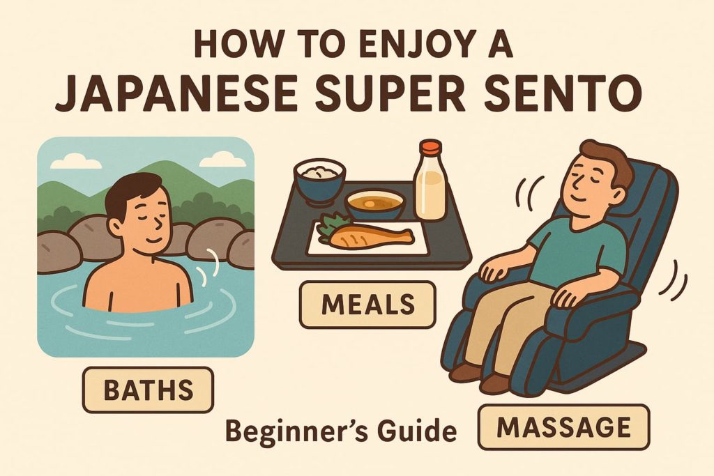 “A colorful illustration explaining how to enjoy a Japanese Super Sento, featuring an outdoor bath, Japanese meal, and massage chair with English guide text.”
