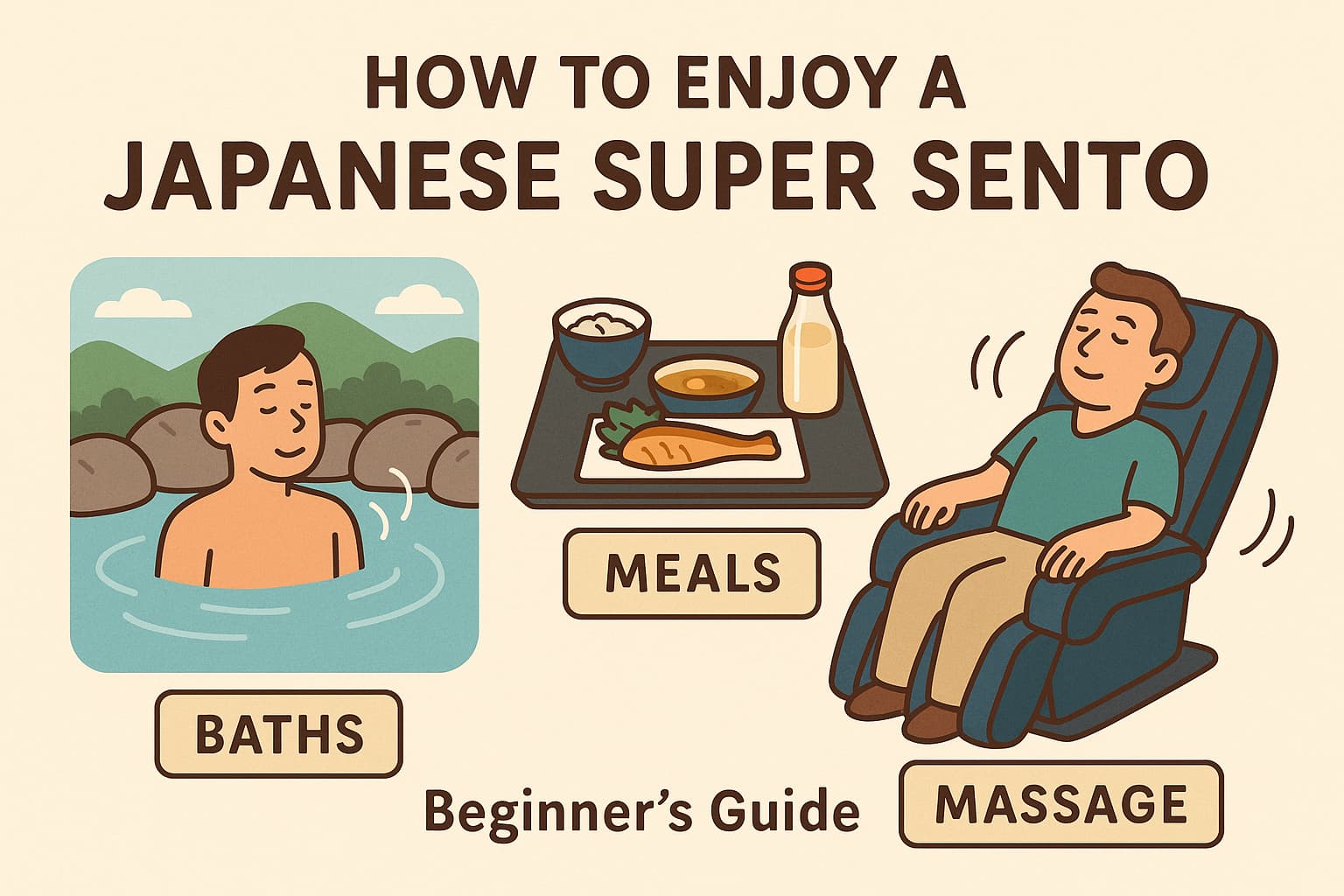 “A colorful illustration explaining how to enjoy a Japanese Super Sento, featuring an outdoor bath, Japanese meal, and massage chair with English guide text.”