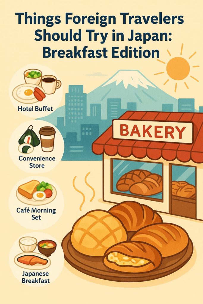 A colorful illustration showing five Japanese breakfast options for travelers—hotel buffet, convenience store food, café morning set, traditional Japanese breakfast, and freshly baked bread from a local bakery—with Mount Fuji and a morning sun in the background.