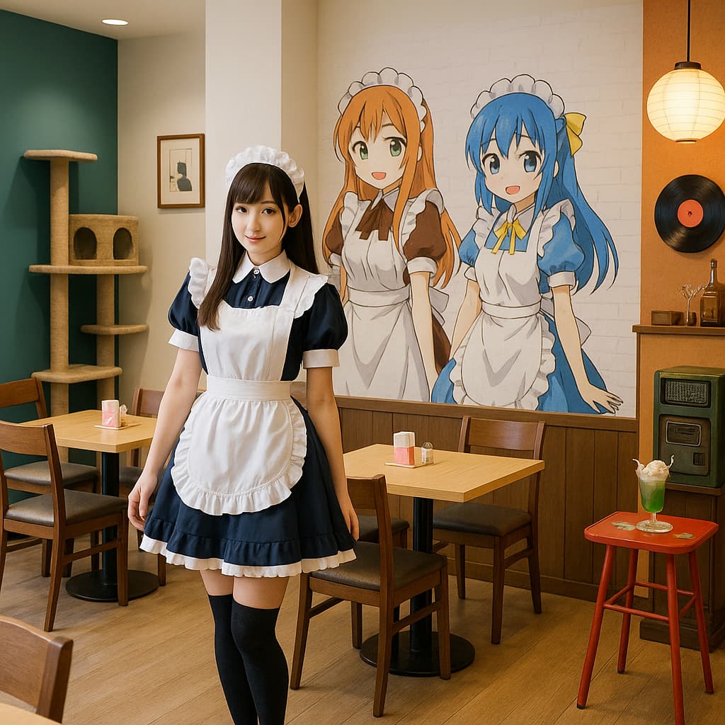 A stylized maid café interior with a maid wearing a classic black-and-white uniform, soft warm lighting, and a cozy atmosphere inspired by Akihabara’s concept café culture.