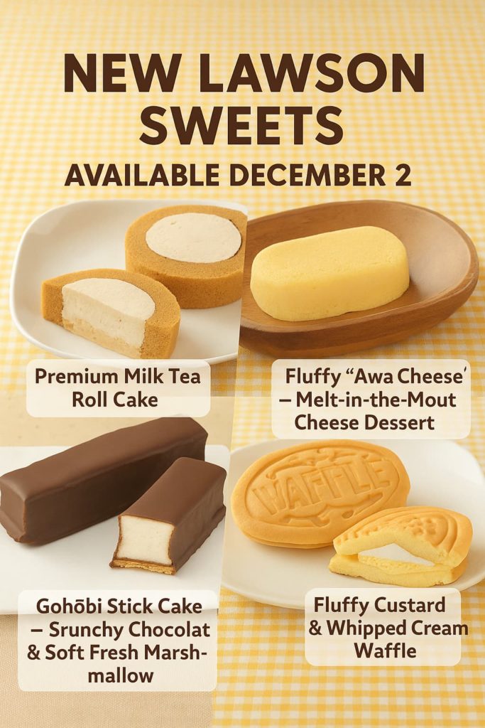 ローソン12月2日発売の新作スイーツ4品のまとめ画像。 ミルクティーロール、泡チーズ、生マシュマロスティック、ふんわりワッフルが並んだプロモーション用アイキャッチ。