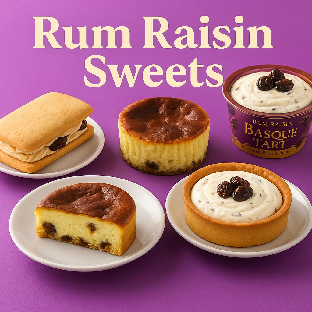 4種類のラムレーズン系スイーツ（タルト・チーズケーキ・アイス・クッキーサンド）が並んだファミリーマート新作まとめのイメージ画像