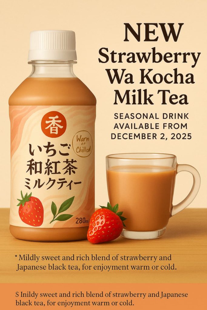 淡いピンクとベージュのオリジナルパッケージに入った、いちご和紅茶ミルクティーのボトルとグラスが並ぶ冬向けアイキャッチ画像