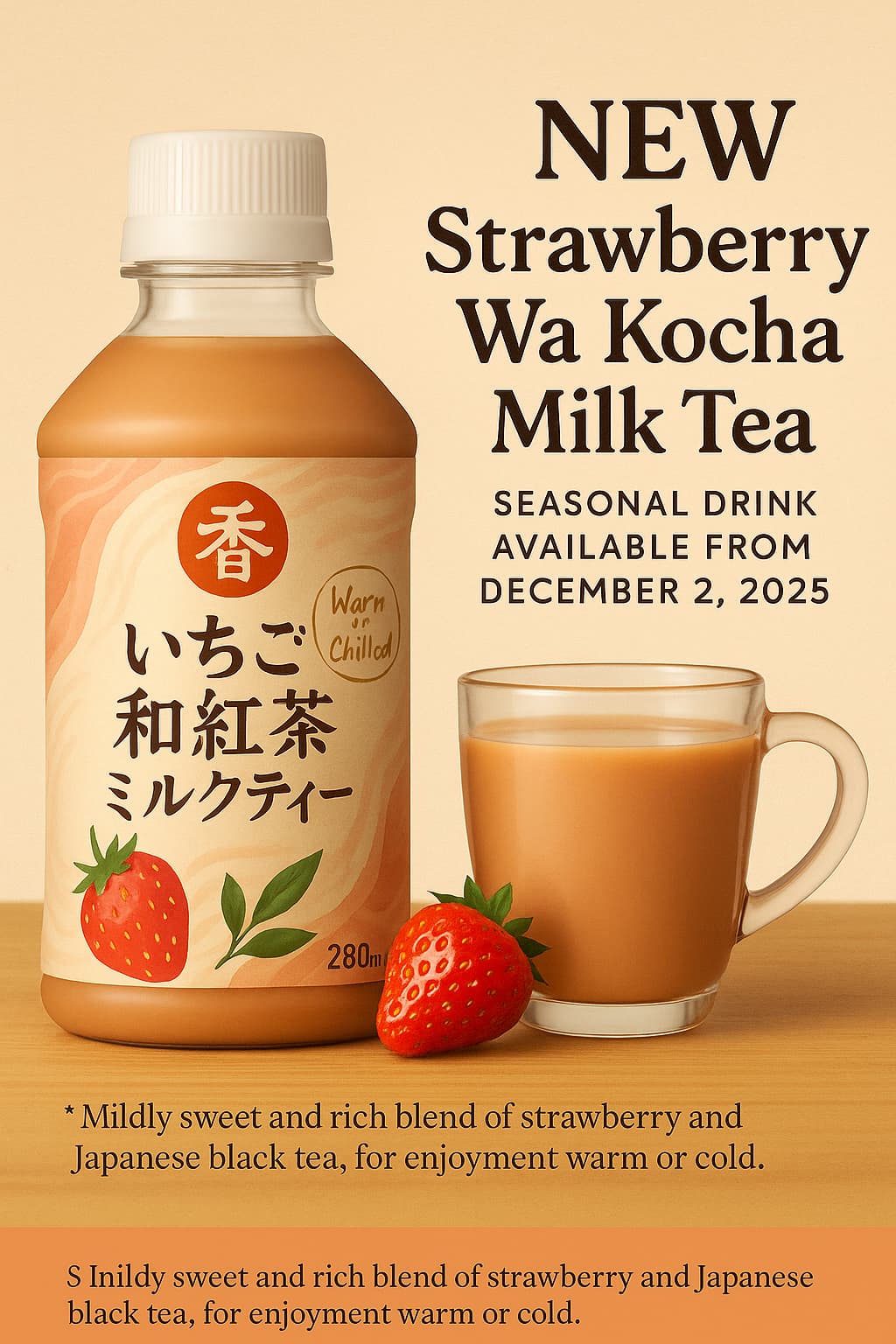 淡いピンクとベージュのオリジナルパッケージに入った、いちご和紅茶ミルクティーのボトルとグラスが並ぶ冬向けアイキャッチ画像