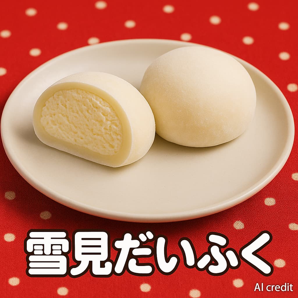 白いお皿の上に、ふっくらとした雪見だいふくが2つ並んでいる。切り口からはバニラアイスが見え、やわらかいおもちの質感が際立つ。右下に「AI Credit」と「※AI生成によるイメージです」の表記がある。