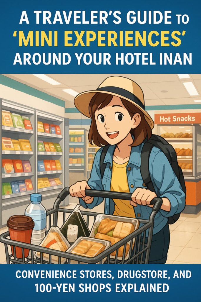 A cheerful traveler in a Japanese convenience store pushes a shopping cart filled with onigiri, hot snacks, and drinks, illustrating a guide to mini travel experiences around hotels in Japan.