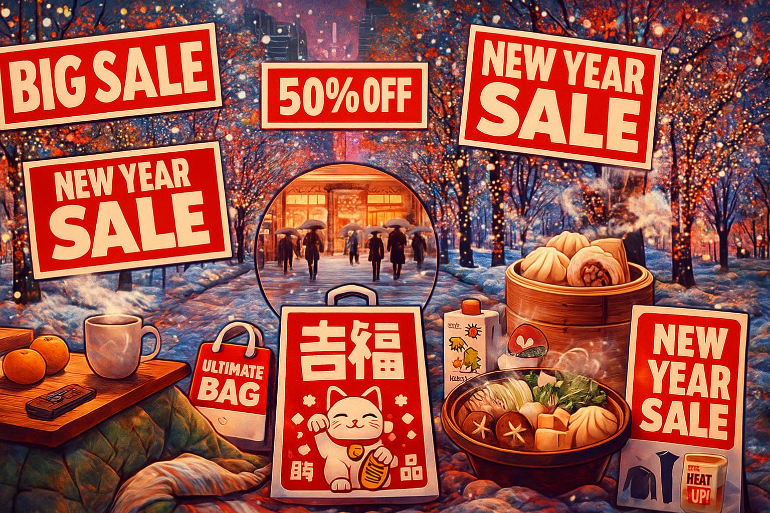 日本の冬の文化が分かるイラスト。 A colorful illustration showing Japanese winter essentials such as illuminations, hot foods, convenience-store drinks, kotatsu, and seasonal shopping icons. Designed for an international winter travel guide.