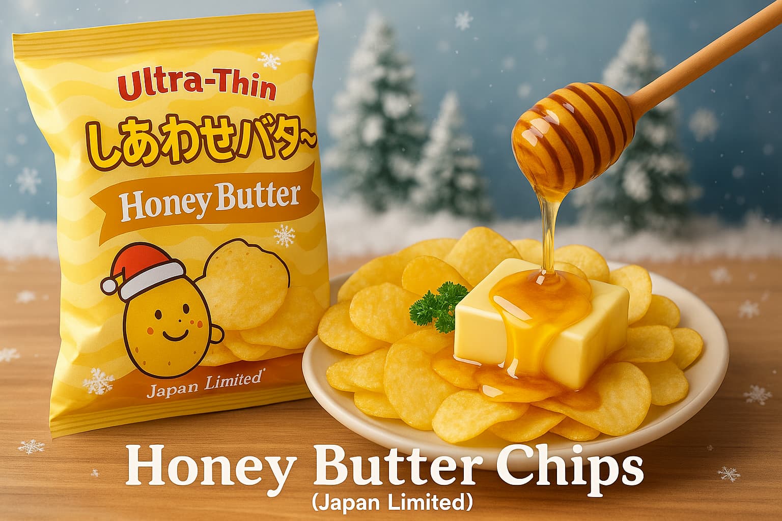 しあわせバター味の超薄切りポテチに蜂蜜とバターをかけた冬限定フレーバーのイメージ画像