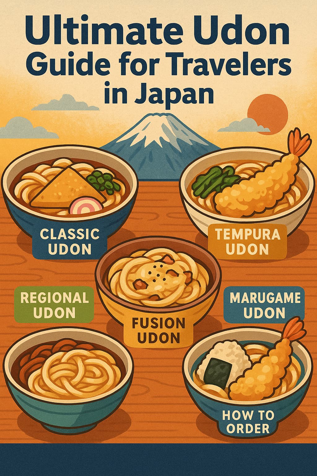 鮮やかなイラストで描かれた「Ultimate Udon Guide for Travelers in Japan」。クラシックうどん、天ぷらうどん、地域うどん、フュージョンうどん、丸亀うどんの5種類が、富士山を背景に並んでいる。