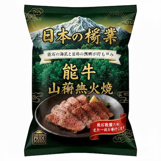 湖池屋プライドポテト「日本の神業 飛騨牛炭火焼」のパッケージ画像。飛騨山脈と槍ヶ岳を力強く描き、飛騨牛をイメージした黒と金のカラーを使った限定フレーバー。